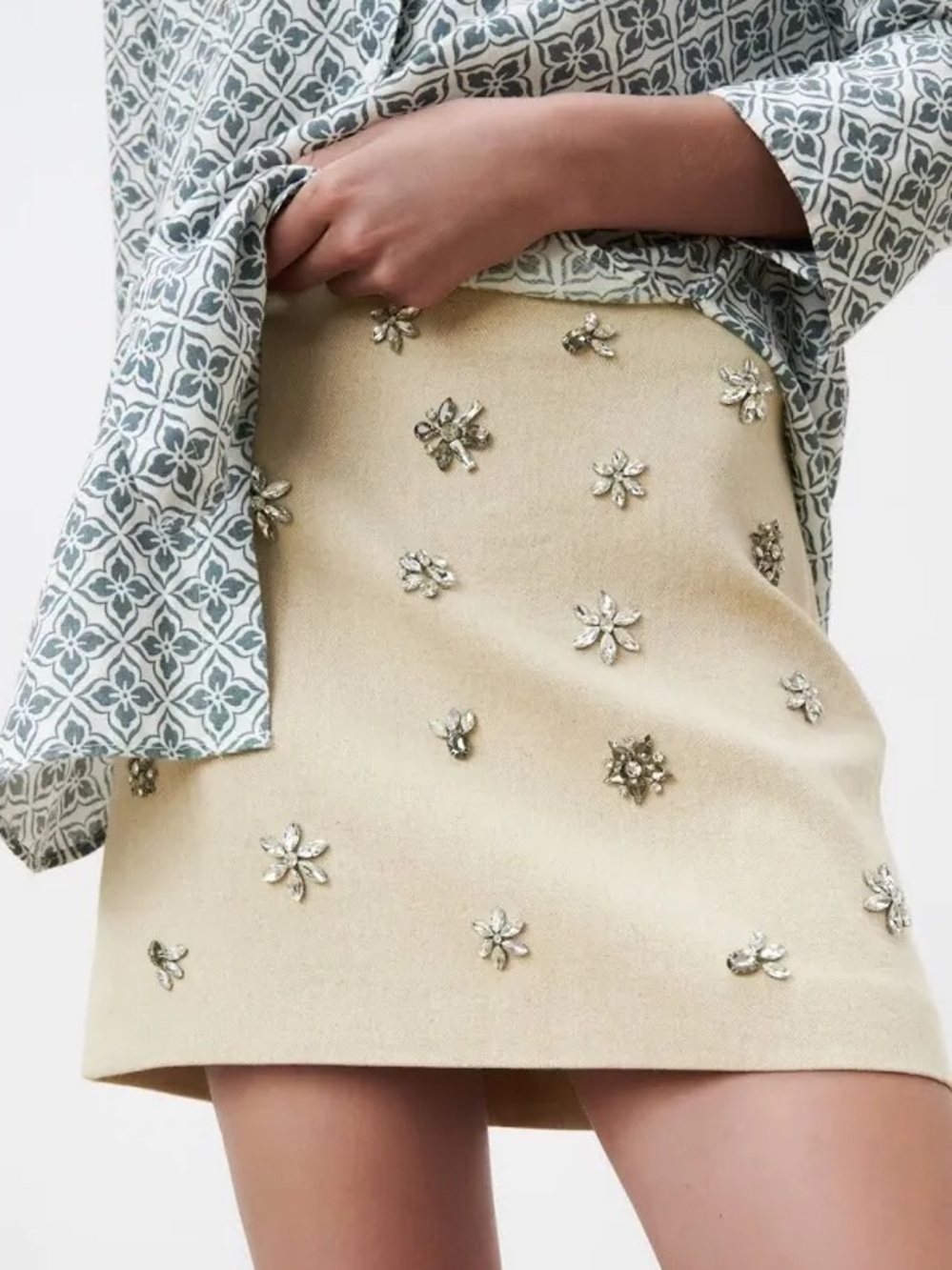 Zara Linen Mini Skirt with Floral Crystal Embellishments